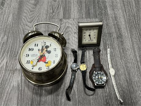 TIFFANY & CO DESK CLOCK / MICKEY MOUSE CLOCK 7” + MISC VINTAGE WATCHES