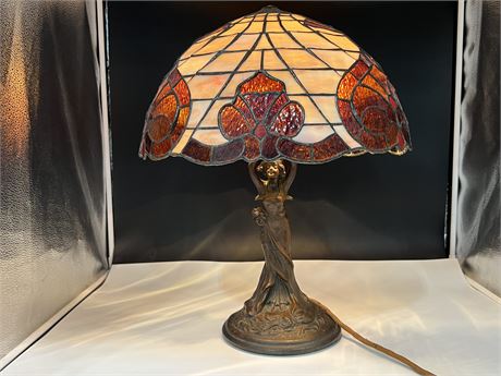 VINTAGE STAINED GLASS / BRONZE LAMP - VERY HEAVY - WORKS (22” tall)