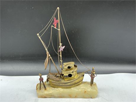 BRASS ON STONE FISHING SIGNED BOAT SCULPTURE 9” LONG