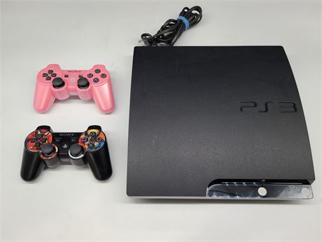 PS3 CECH 2001A WITH SONY PINK AND SPIDER MAN CONTROLLERS