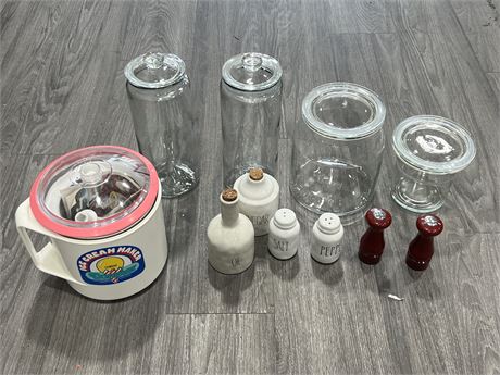 ICE CREAM MAKER, GLASS CANISTERS, ETC