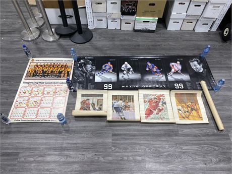 LOT OF VINTAGE SPORTS POSTERS - CANUCKS, GRETZKY ETC. (LARGEST IS 72”X23”)