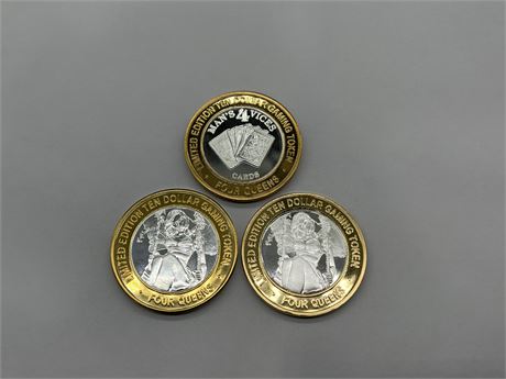 3 LIMITED EDITION FOUR QUEENS TEN DOLLAR GAMING TOKENS