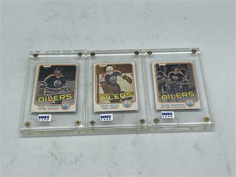 3 1981-82 O-PEE-CHEE OILERS ROOKIE CARDS INCL: COFFEY, MOOG, & ANDERSON