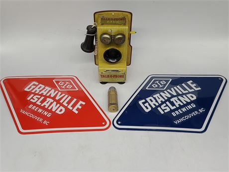 VINTAGE TALK O PHONE BANK AND 2 METAL SIGNS AND BULLET LIGHTER