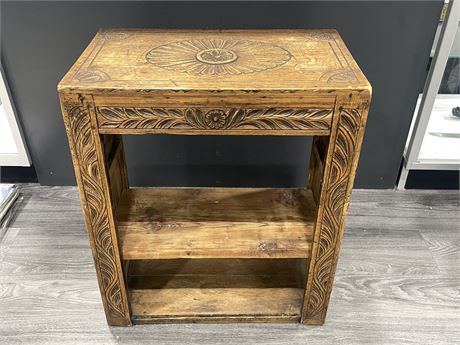 ANTIQUE HAND CARVED TABLE - 20”x12”x25”