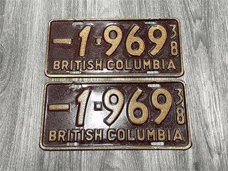 PAIR OF 1938 BRITISH COLUMBIA LICENSE PLATES