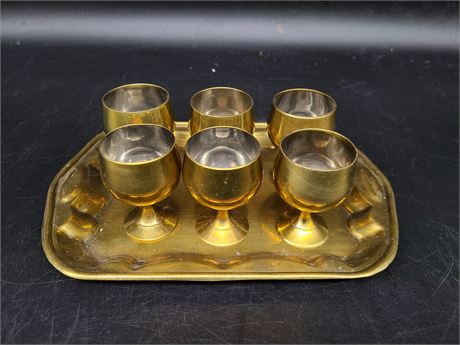 6 BRASS SHOOTER GOBLET WITH TRAY