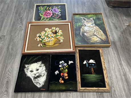 3 MCM MODERN PICTURES & 3 VELVET PAINTINGS - LARGEST IS 26”x22”
