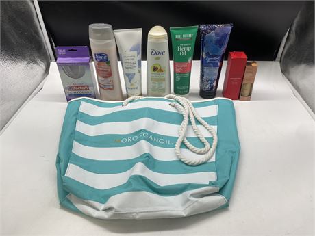 LOT OF 8 PERSONAL CARE ITEMS & MOROCCANOIL BAG