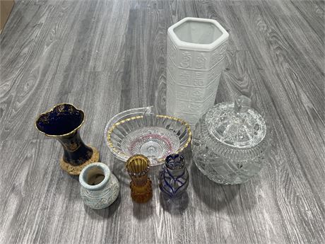 LOT OF MISC VASES - CRYSTAL, GLASS, CERAMIC - LARGEST IS 12”