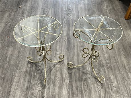 2 VINTAGE TWISTED WROUGHT IRON TABLES W/CUT GLASS TOPS (20” Tall)