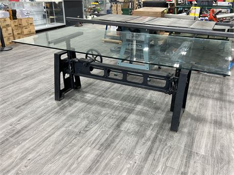 INDUSTRIAL STEEL BASE W/GLASS TOP TABLE - GLASS IS 83”x40”