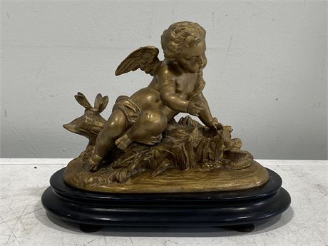 EARLY CAST METAL GOLD GILDED CHERUB ON WOODEN BASE (10”X7.5”)