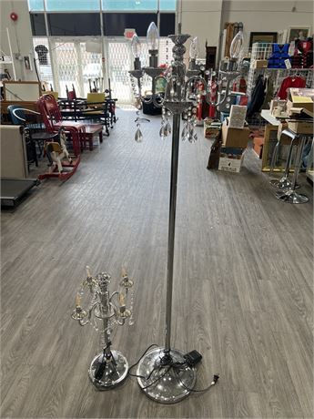 2 METAL FLOOR LAMPS W/ HANGING CRYSTALS - SOME CRYSTALS MISSING - LARGEST IS 63”