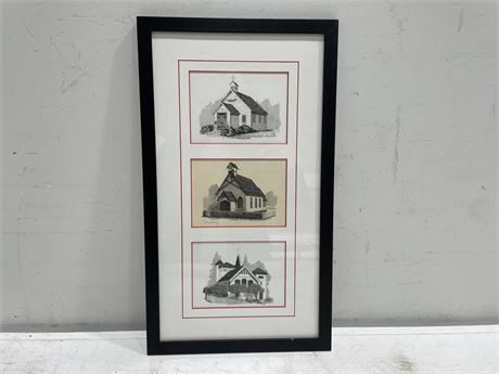 DIANNE PONTING 3 FRAMED CHURCH SKETCHES SIGNED (12”x20”)