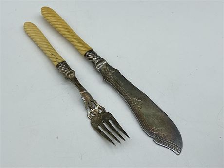 ANTIQUE STERLING FORK & KNIFE W/CARVED FRENCH IVORY HANDLES (9”)