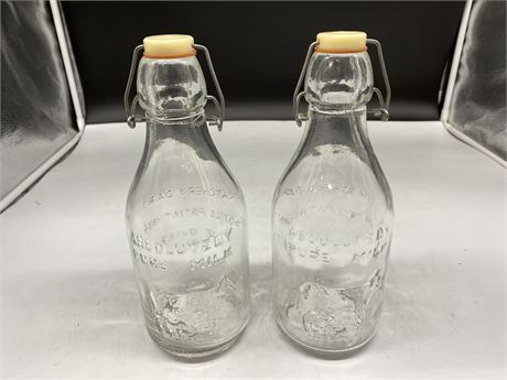 (2) 1965 GLASS THATCHERS DAIRY MILK BOTTLES - MADE IN ITALY  (11” tall)