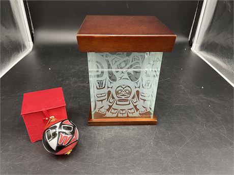 GLASS & WOOD FIRST NATIONS DESIGN SIGNED BOX / ORNAMENT