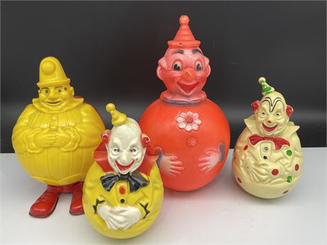 1950’S/1960’S EARLY PLASTIC ROLY POLY CLOWNS, 1 IS A WORKING LAMP (11” TALLEST)