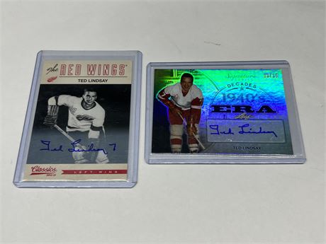 2 TED LINDSAY AUTOGRAPHED CARDS