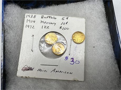 1938 NICKEL, 1914 DIME, 1972 IKE MINI AMERICAN COINS