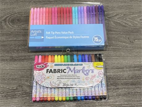 LOT OF NEW SEALED FELT TIP PENS & FARBIC MARKERS (95 TOTAL)