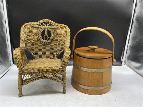 VINTAGE WOOD ICE BUCKET & SMALL WICKER CHAIR