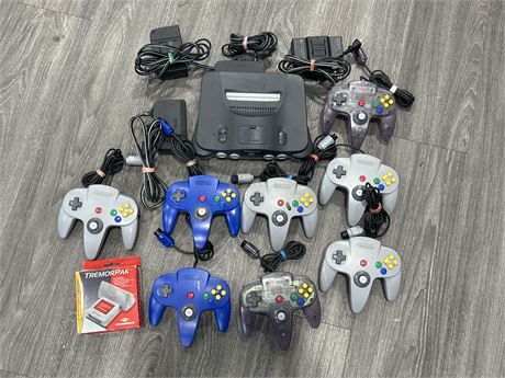 N64 LOT - SYSTEM, CORDS, 8 CONTROLLERS