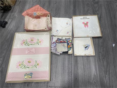 ANTIQUE / VINTAGE HAND EMBROIDERED HANKIES, PILLOWCASES, ETC