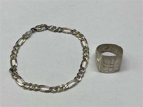 MALE 925 SILVER BRACELET (8”) + STAINLESS STEEL RING - SIZE 12.25
