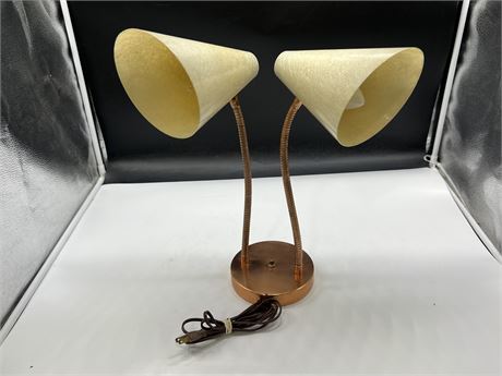 MCM GOOSENECK TABLE LAMP - DOUBLE FIBREGLASS SHADES - COPPER BASE (17” tall)