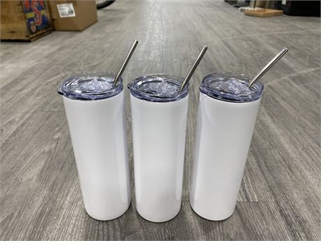 3 NEW STAINLESS STEEL TUMBLERS 8” TALL