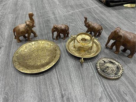 3 VINTAGE BRASS PIECES & 4 WOODEN CARVED ELEPHANTS