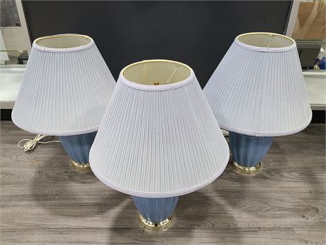 3 MATCHING BLUE TABLE LAMPS (24"height - 18"Dm)