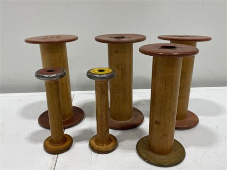6 VINTAGE WOODEN SPOOLS GREAT FOR DECORATION (7.5” tall)