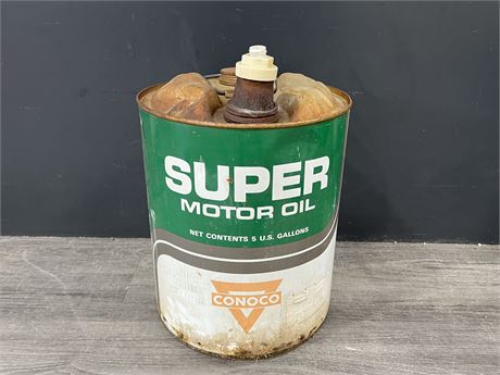 VINTAGE LARGE 5GAL CONOCO SUPER MOTOR OIL CAN 14” TALL 11” DIAMETER