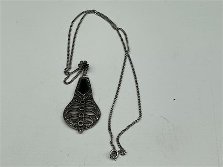 VINTAGE STERLING MARCASITE PENDANT + CHAIN - SIGNED 24”