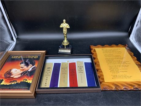 VINTAGE WOOD PLAQUE, GONE WITH THE WIND, VINTAGE TRACK MEET RIBBONS &TROPHY
