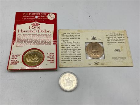 1967 BC CENTENNIAL COIN, ROYAL HAWAIIAN DOLLAR & 1977 BC NOOTKA DOLLAR