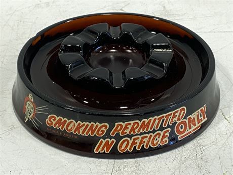 EARLY AMBER GLASS ASHTRAY - SMOKING PERMITTED IN OFFICE ONLY (7.5”)