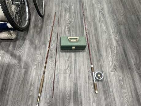 FLY FISHING RODS, REEL & TACKLE BOX