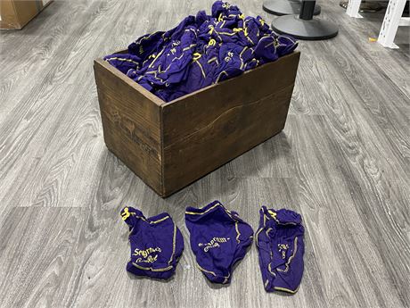 LOT OF OVER 100 CROWN ROYAL SEAGRAMS BAGS IN VINTAGE CRATE