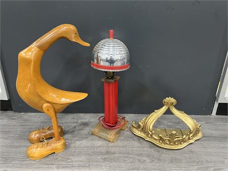 EARLY VINTAGE LAMP + ORNATE WALL PIECE & HAND CRAFTED WOODEN DUCK 21”
