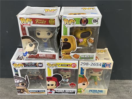 5 ASSORTED FUNKO POPS - 2 BOXES HAVE DAMAGE
