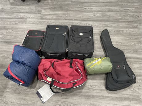 LOT OF SUITCASES, SLEEPING BAGS & GUITAR CASE