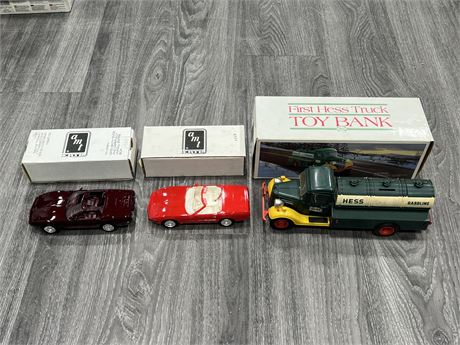 3 VINTAGE PLASTIC MODEL CARS / COIN BANK - LARGEST IS 11”
