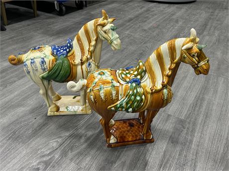 2 VINTAGE TANG DYNASTY STYLE WAR HORSES - SIGNED & NUMBERED - 18” TALL