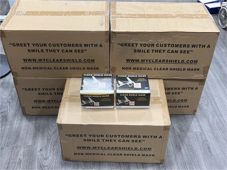 5 BOXES OF NEW CLEAR SHIELD FACE MASKS - 200 MASKS PER BOX