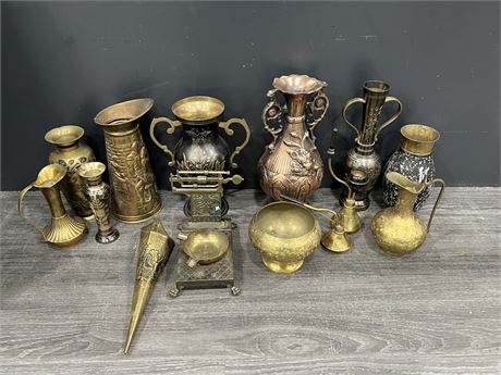 LOT OF BRASS & COPPER VASES & ECT - TALLEST 10”